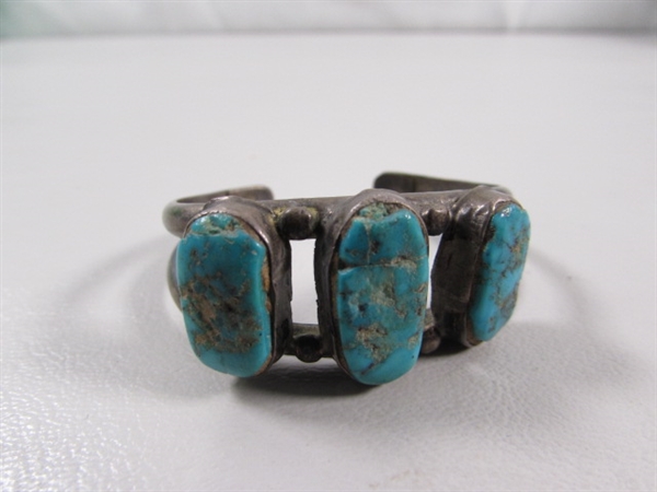 ANTIQUE CHILD'S STERLING SILVER NAVAJO CUFF BRACELET WITH TURQUOISE STONES