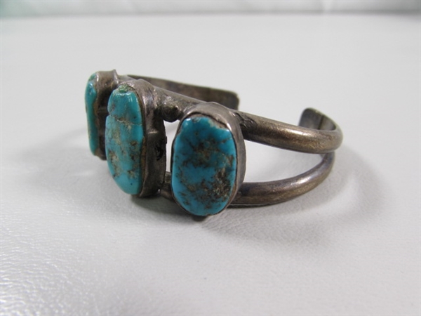 ANTIQUE CHILD'S STERLING SILVER NAVAJO CUFF BRACELET WITH TURQUOISE STONES