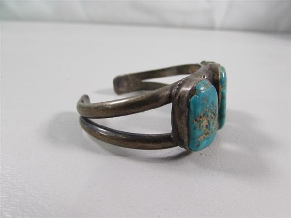 ANTIQUE CHILD'S STERLING SILVER NAVAJO CUFF BRACELET WITH TURQUOISE STONES