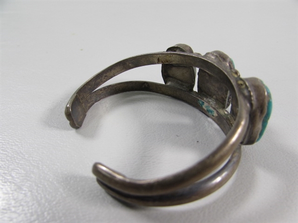 ANTIQUE CHILD'S STERLING SILVER NAVAJO CUFF BRACELET WITH TURQUOISE STONES