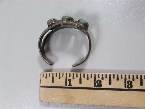 ANTIQUE CHILD'S STERLING SILVER NAVAJO CUFF BRACELET WITH TURQUOISE STONES