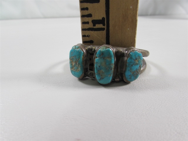 ANTIQUE CHILD'S STERLING SILVER NAVAJO CUFF BRACELET WITH TURQUOISE STONES
