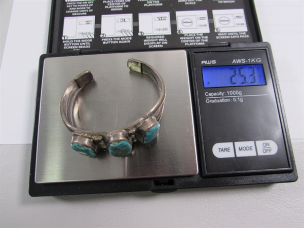 ANTIQUE CHILD'S STERLING SILVER NAVAJO CUFF BRACELET WITH TURQUOISE STONES