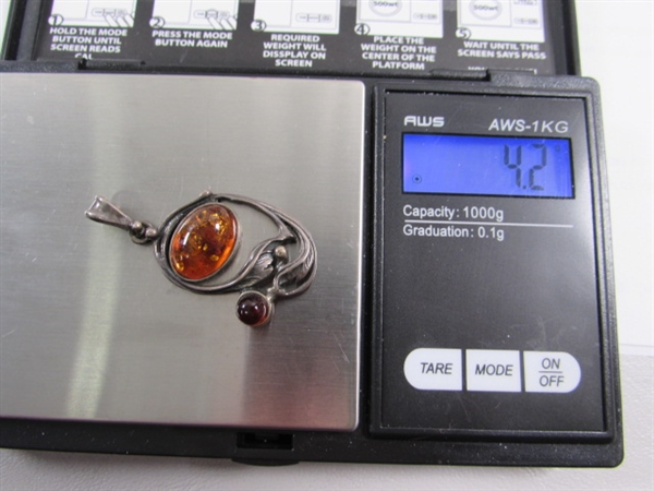 VINTAGE STERLING SILVER ART NOUVEAU PENDANT W/AMBER STONES
