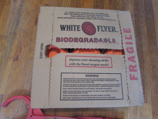 CASE OF WHITE FLYER TARGETS AND 2 TARGET THROWERS