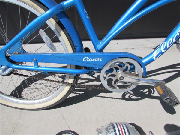 DARK BLUE LADIES 3-SPEED ELECTRA CRUISER 26 BICYCLE W/HELMET, VEST & LOCK