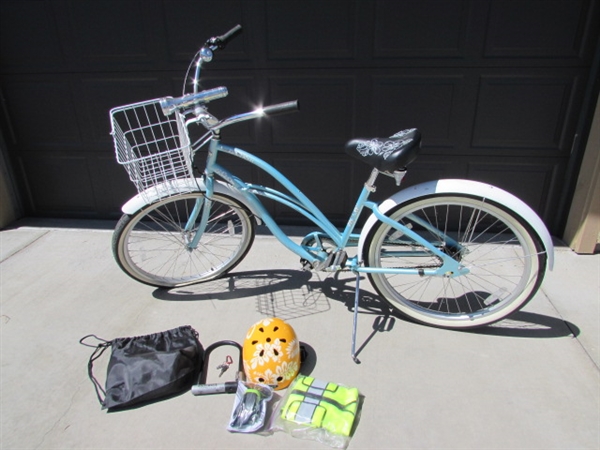 LT BLUE LADIES 3-SPEED ELECTRA CRUISER 26 BICYCLE W/HELMET, VEST & LOCK