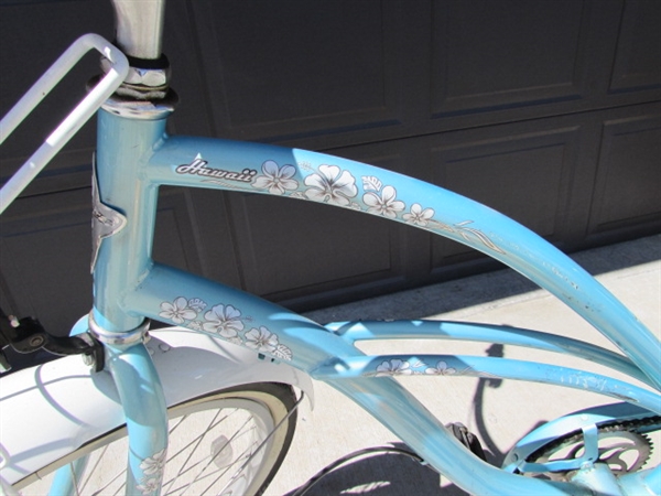 LT BLUE LADIES 3-SPEED ELECTRA CRUISER 26 BICYCLE W/HELMET, VEST & LOCK