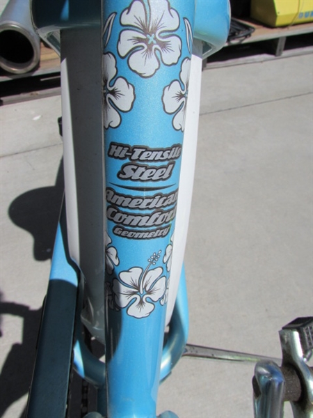LT BLUE LADIES 3-SPEED ELECTRA CRUISER 26 BICYCLE W/HELMET, VEST & LOCK