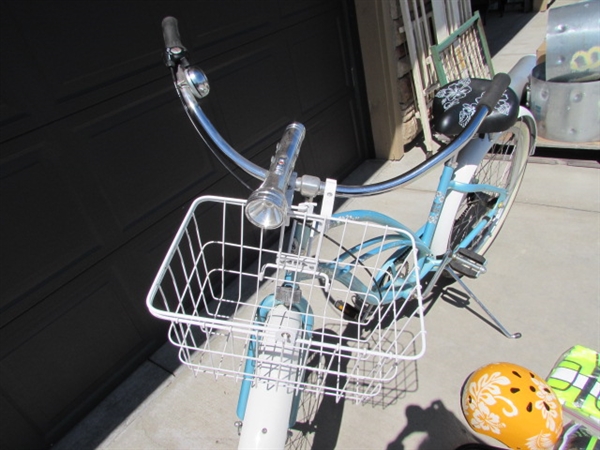 LT BLUE LADIES 3-SPEED ELECTRA CRUISER 26 BICYCLE W/HELMET, VEST & LOCK