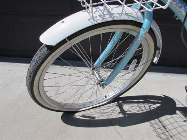 LT BLUE LADIES 3-SPEED ELECTRA CRUISER 26 BICYCLE W/HELMET, VEST & LOCK
