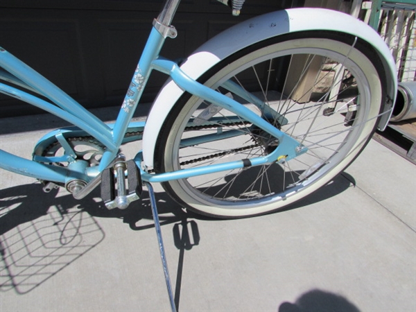 LT BLUE LADIES 3-SPEED ELECTRA CRUISER 26 BICYCLE W/HELMET, VEST & LOCK