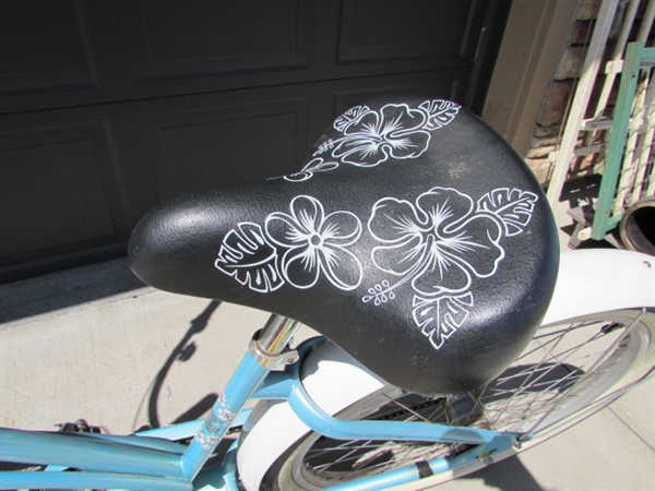 LT BLUE LADIES 3-SPEED ELECTRA CRUISER 26 BICYCLE W/HELMET, VEST & LOCK