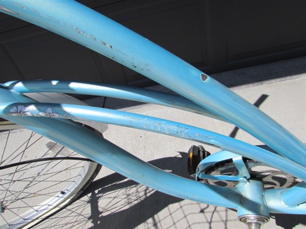 LT BLUE LADIES 3-SPEED ELECTRA CRUISER 26 BICYCLE W/HELMET, VEST & LOCK