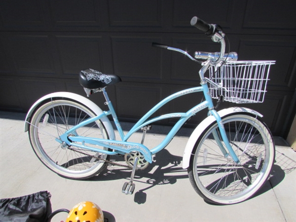 LT BLUE LADIES 3-SPEED ELECTRA CRUISER 26 BICYCLE W/HELMET, VEST & LOCK