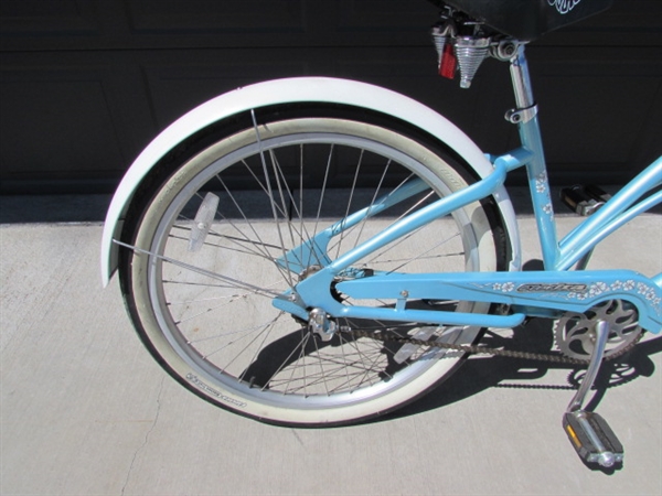 LT BLUE LADIES 3-SPEED ELECTRA CRUISER 26 BICYCLE W/HELMET, VEST & LOCK