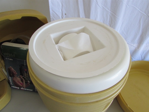 COLEMAN LANTERN, PORTA-POTTY & CAMP SHOWER