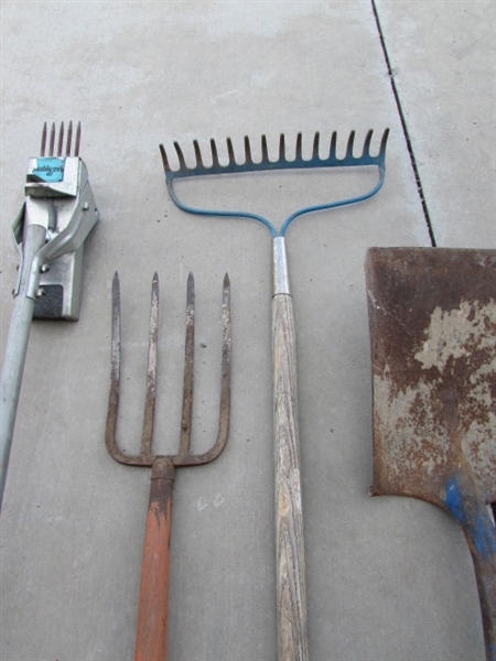 LONG HANDLED YARD TOOLS - RAKE, PITCHFORK, POST HOLE DIGGER & MORE