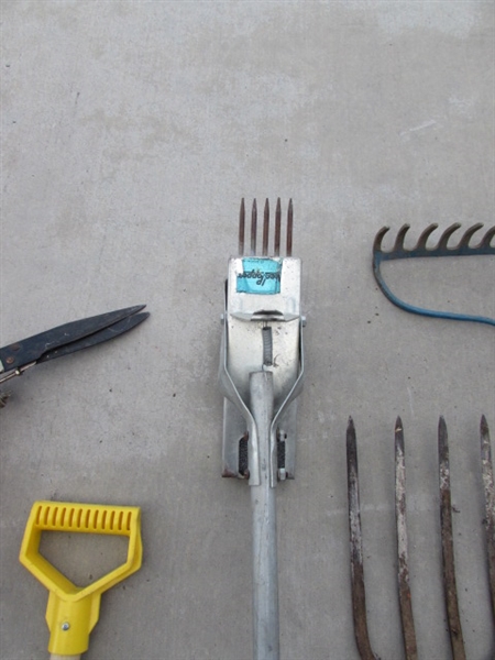 LONG HANDLED YARD TOOLS - RAKE, PITCHFORK, POST HOLE DIGGER & MORE