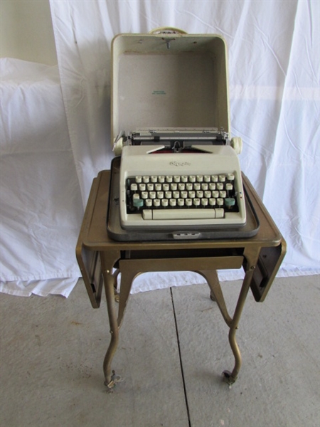 VINTAGE TYPEWRITER CART, TYPEWRITER & 2 DESK CHAIRS