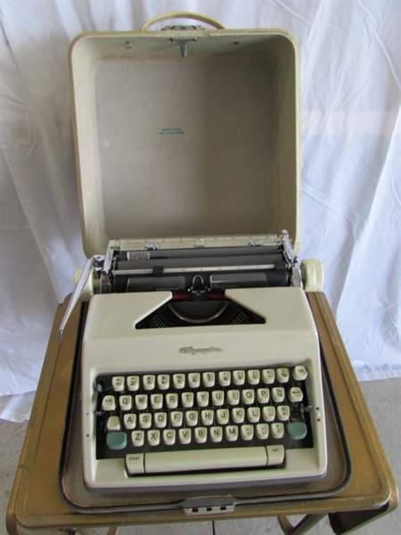 VINTAGE TYPEWRITER CART, TYPEWRITER & 2 DESK CHAIRS