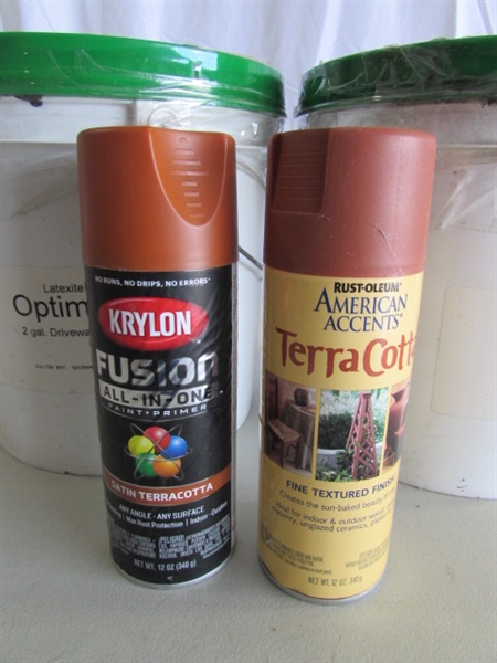 SPRAY STAIN (PARTIALLY FULL) & 2 2-GALLON CONTAINERS OF DRIVEWAY SEALER