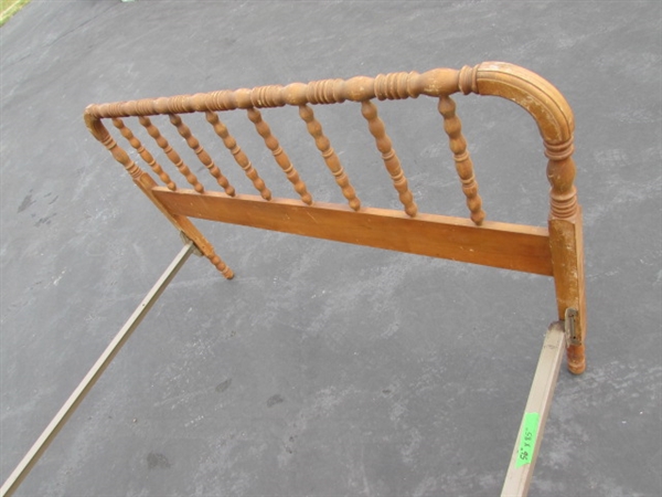 VINTAGE WOOD BED FRAME W/METAL RAILS