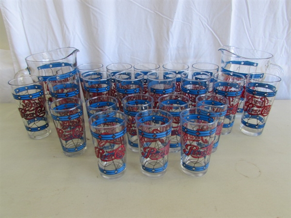 STAINED GLASS PATTERN PEPSI-COLA PITCHERS & DRINKING GLASSES