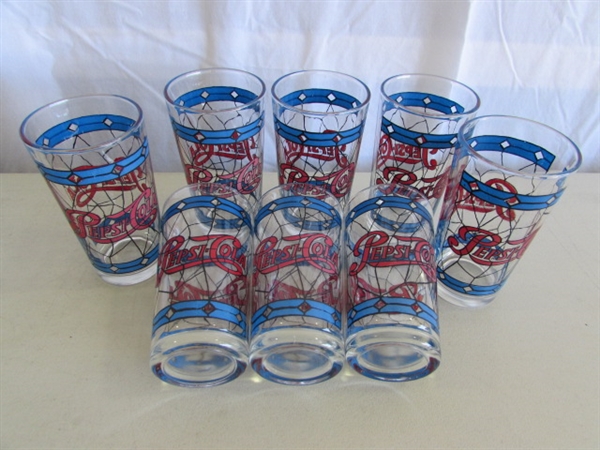 STAINED GLASS PATTERN PEPSI-COLA PITCHERS & DRINKING GLASSES