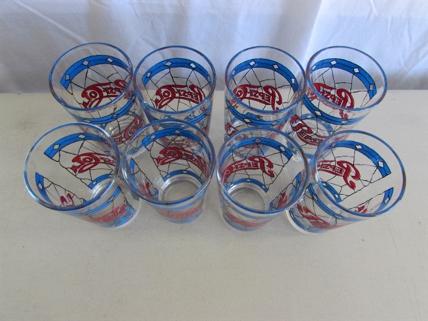 STAINED GLASS PATTERN PEPSI-COLA PITCHERS & DRINKING GLASSES