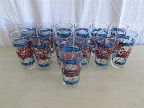 STAINED GLASS PATTERN PEPSI-COLA PITCHERS & DRINKING GLASSES