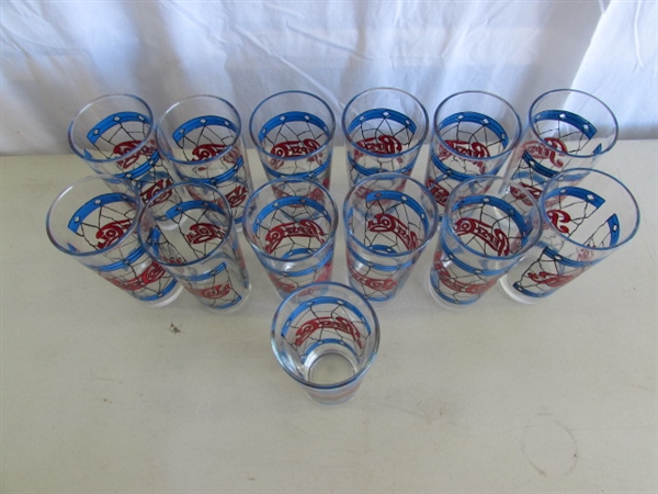 STAINED GLASS PATTERN PEPSI-COLA PITCHERS & DRINKING GLASSES