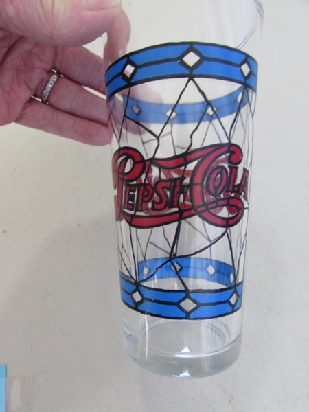 STAINED GLASS PATTERN PEPSI-COLA PITCHERS & DRINKING GLASSES