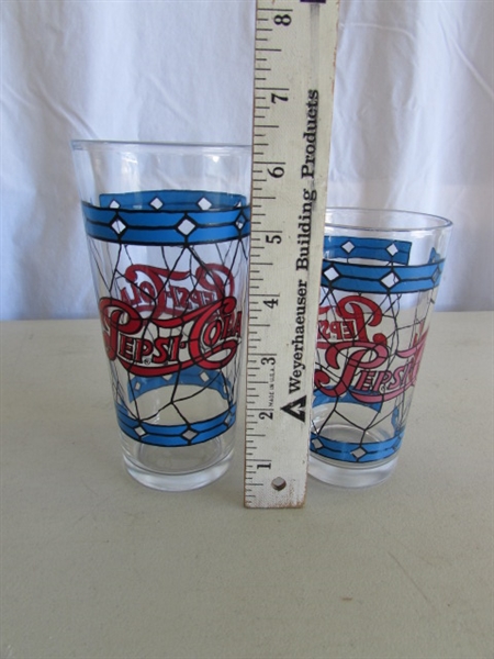 STAINED GLASS PATTERN PEPSI-COLA PITCHERS & DRINKING GLASSES