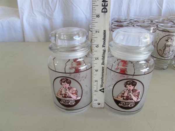 OLD FASHIONED STYLE PEPSI-COLA GLASSES & 3 STORAGE CONTAINERS