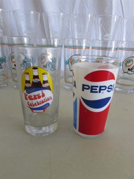 FOOTBALL THEMED PEPSI GLASSES, PLUS OTHERS