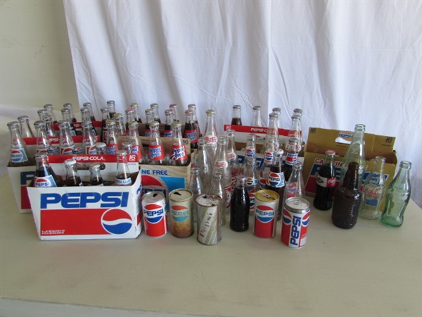 COLLECTIONS OF MOSTLY PEPSI BOTTLES & CANS PLUS A FEW OTHER BOTTLES