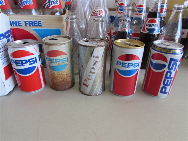 COLLECTIONS OF MOSTLY PEPSI BOTTLES & CANS PLUS A FEW OTHER BOTTLES