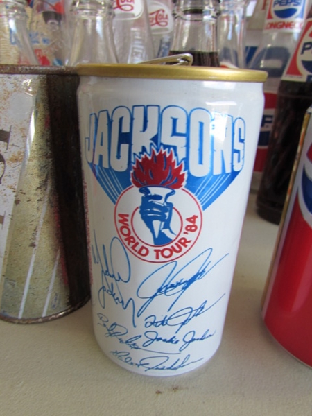 COLLECTIONS OF MOSTLY PEPSI BOTTLES & CANS PLUS A FEW OTHER BOTTLES