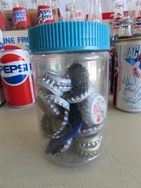 COLLECTIONS OF MOSTLY PEPSI BOTTLES & CANS PLUS A FEW OTHER BOTTLES