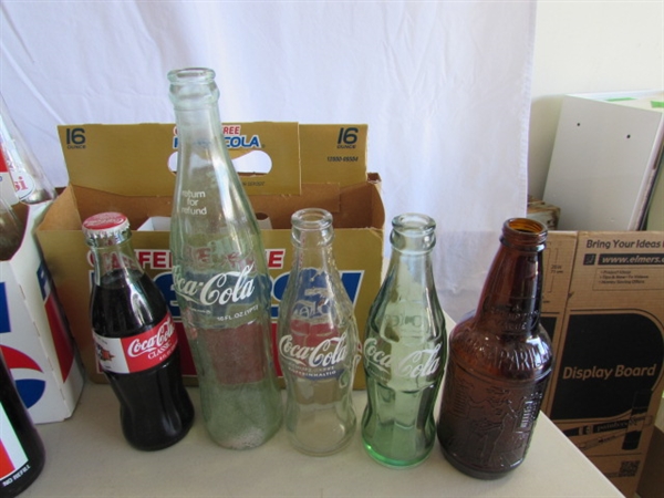 COLLECTIONS OF MOSTLY PEPSI BOTTLES & CANS PLUS A FEW OTHER BOTTLES