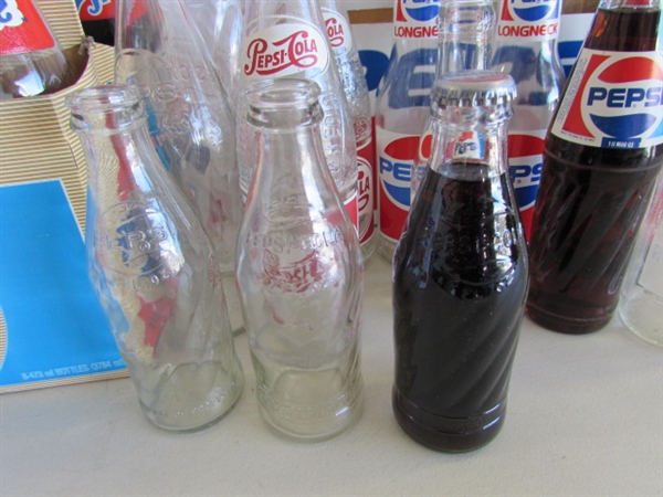 COLLECTIONS OF MOSTLY PEPSI BOTTLES & CANS PLUS A FEW OTHER BOTTLES