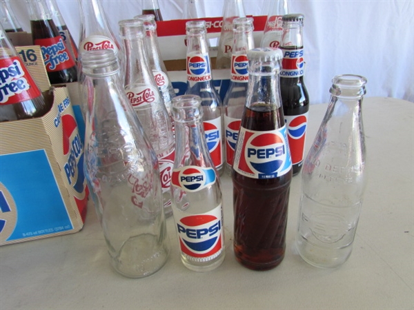 COLLECTIONS OF MOSTLY PEPSI BOTTLES & CANS PLUS A FEW OTHER BOTTLES
