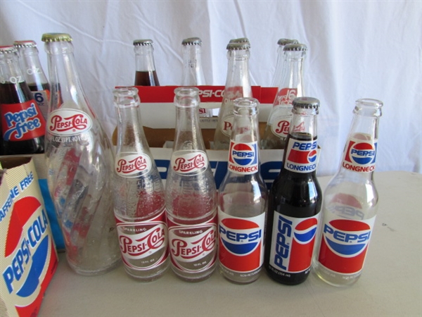 COLLECTIONS OF MOSTLY PEPSI BOTTLES & CANS PLUS A FEW OTHER BOTTLES