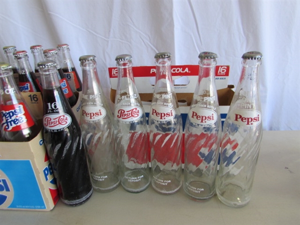 COLLECTIONS OF MOSTLY PEPSI BOTTLES & CANS PLUS A FEW OTHER BOTTLES