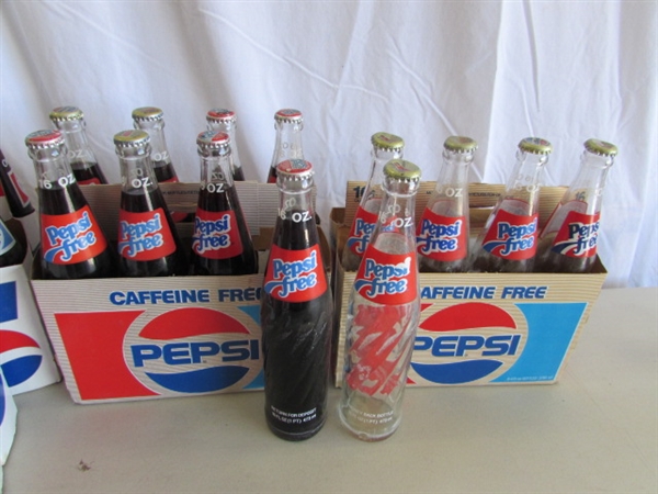 COLLECTIONS OF MOSTLY PEPSI BOTTLES & CANS PLUS A FEW OTHER BOTTLES