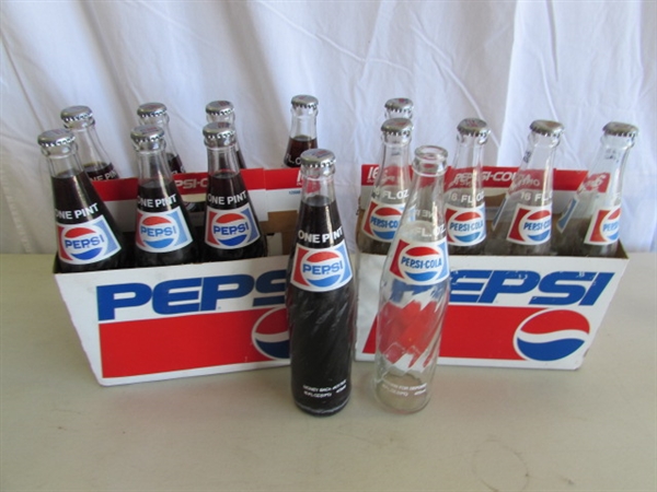 COLLECTIONS OF MOSTLY PEPSI BOTTLES & CANS PLUS A FEW OTHER BOTTLES