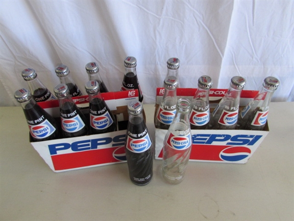 COLLECTIONS OF MOSTLY PEPSI BOTTLES & CANS PLUS A FEW OTHER BOTTLES