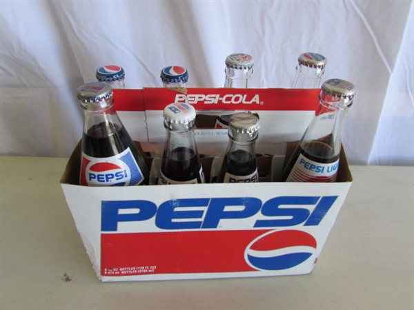 COLLECTIONS OF MOSTLY PEPSI BOTTLES & CANS PLUS A FEW OTHER BOTTLES