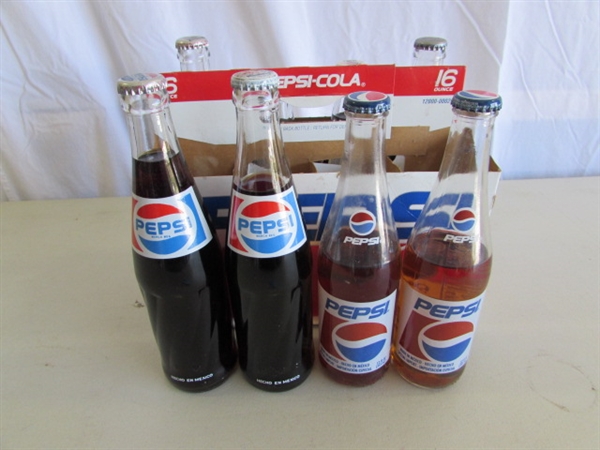COLLECTIONS OF MOSTLY PEPSI BOTTLES & CANS PLUS A FEW OTHER BOTTLES